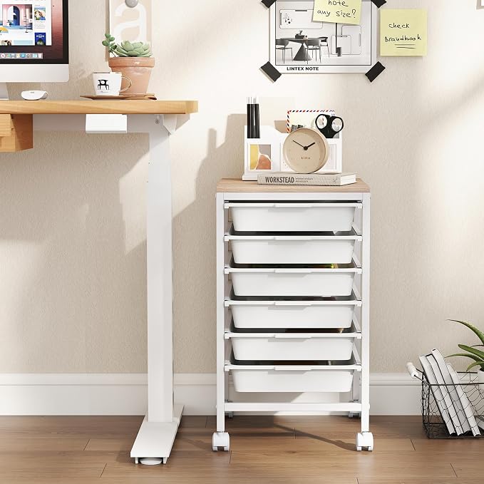 Giantex Rolling Storage Cart with 6 Drawers, Utility Cart w/Wooden Tabletop, Lockable Wheels, Multipurpose Organizer for Art Craft Books Paper, Drawer Carts for Dorm Classroom Office, White - Image 4