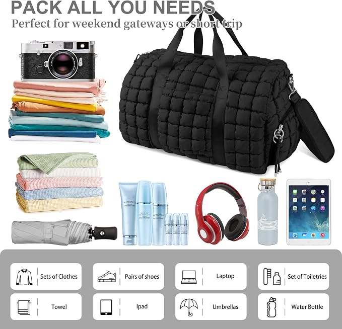 Quilted Travel Duffle Bag Gym Bag for Women,Large Puffer Duffle Weekender Bag with Compartment,Workout Overnight Carry on Organizer Bag Duffle Bag for Airplane Travel(L-Black) - Image 5
