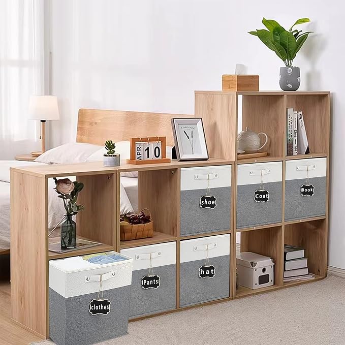 11x11 cube storage bins 4 Pack,Collapsible Fabric Storage Cubes with Labels,Linen Cube Storage Organizer Bins with Cotton Handles,Square Storage Cubes for Home,Office,Clothes,Cabinet (White Grey). - Image 3