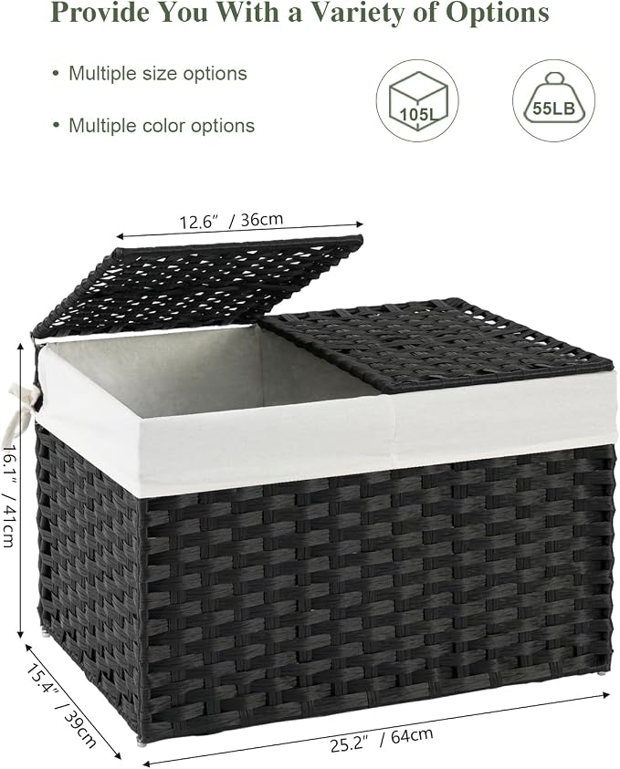 SETVSON Storage Basket with Lid PE Rattan Storage Basket 105L, Black | 27.8 Gallon Storage Bin with 2 Separate Lids, 2 Removable Liners for Clothes & Blankets, Sturdy Metal Frame, PE Rattan - Image 2