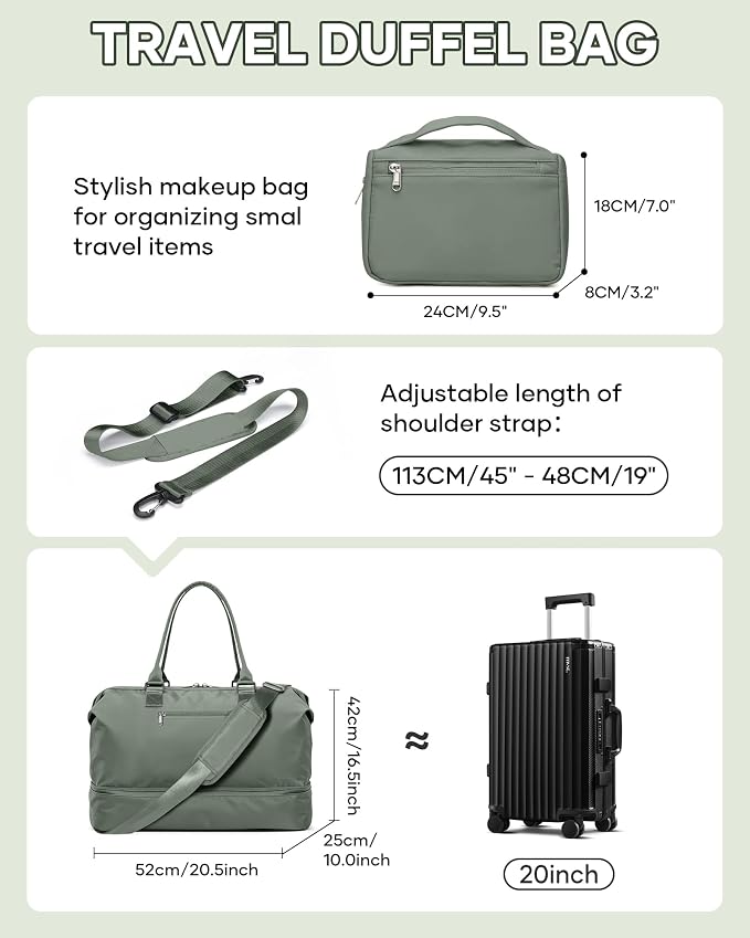 Travel Duffel Weekender Bag Women Tote Carry On Bags With Shoe Compartment | Travel Overnight Bags with Trolley Sleeve for Airplanes Waterproof Lightweight Sport Tote Gym with Toiletry Bag Green. - Image 3