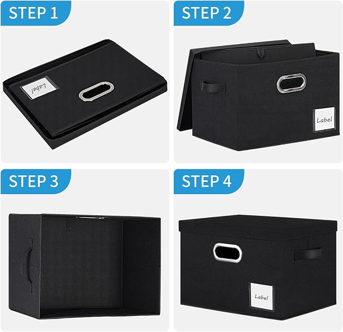 LHZK Extra Large Storage Bins with Lids 6 Pack, Foldable Linen Fabric Storage Boxes with Lids, Sturdy Fabric Storage Bins with Label & 3 Handles for Shelves Bedroom Home Office (Black, Extra Large) - Image 8