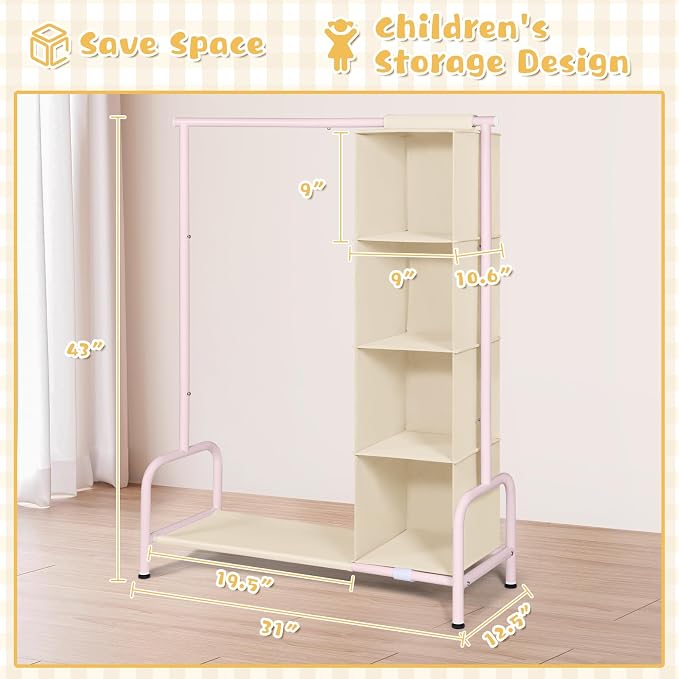Univivi Kids Clothing Rack with Hanging Organizer, 43 Inch, Pink and Beige | Toddler Dress Up Storage with Bottom Shelf, Sturdy Metal Baby Closet, Toddler Wardrobe Rack for Nursery, Playroom, Bedroom - Image 3