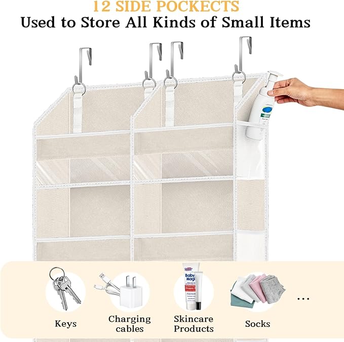 Over the Door Organizer 6 Tiers, Extra Large Behind Door Storage of 12 Compartments,80 lbs Weight Capacity Hanging Storage Organizer with Clear Window Kids Toys, Shoes, Diapers,Beige - Image 5