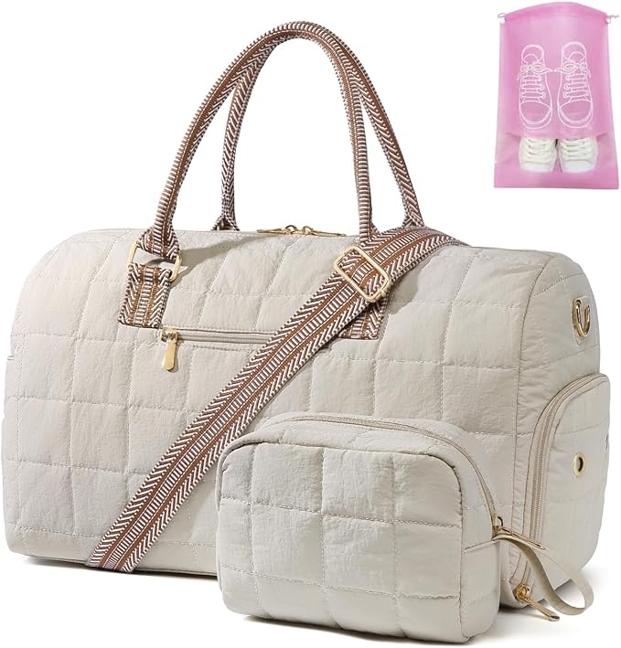 Duffle Bag for Travel, Weekender Bag with Shoe Compartment, Carry On Overnight Bag for Women with Toiletry Bag, Gym Bag with Wet Pocket, Hospital Bags for Labor and Delivery Beige by BAVERGE