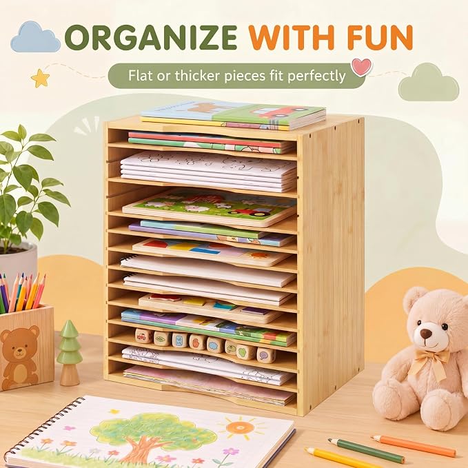 Ripeng 1 Pack Bamboo Puzzle Holder Rack, 12-Tier Adjustable Storage Organizer for Flat and Thick Jigsaw Puzzles, Space Saving Desktop Shelf, Gift for Craft Jigsaw Puzzle Lovers (Natural Wood) - Image 6