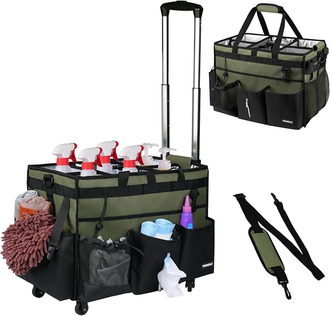 Extra-Large Rolling Cleaning Caddy with Wheels,Cleaning Caddy Bag with Detachable Trolley,Water Resistant Lining Cleaning Supply Organizer with Handle for Cleaners,Housekeepers (Army Green) by TWINDLE