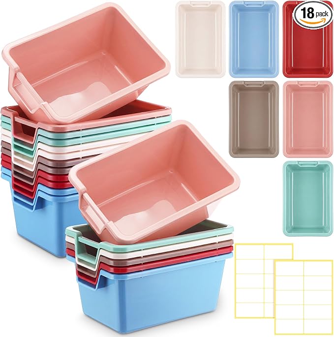 Thyle 18 Pieces Plastic Cubby Bins with Labels 11.6 x 7.7 x 5 Inch Classroom Book Bins Stacking Storage Container Organizer Storage Cubbies for Classroom Office (Morandi Color2) by Thyle