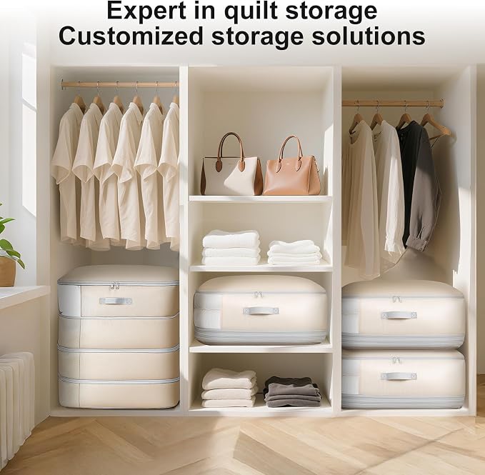 Comforter Storage Bag - 130L Large Capacity Blanket Storage Bags 4-Layer Ultra Space Saving Self Compression Organizer, Washable Compression Bags for Storage Comforter Blanket, 4-Pack, Beige - Image 6