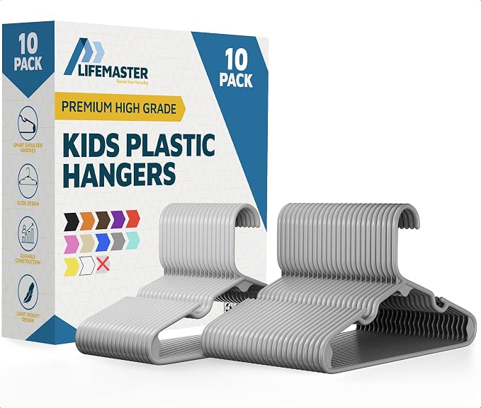 Lifemaster Plastic Kids Clothes Hangers – Children Clothes Hanger with Shoulder Notch, 11.6 Inch Space-Saving Closet Organizer for Baby, Toddler, and Kids Clothing, Hold Up to 5 lbs, Pack of 10, Gray by LIFEMASTER