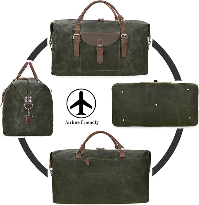 Oversized Travel Duffel Bag Waterproof Canvas Genuine Leather Weekend bag Weekender Overnight Carryon Hand Bag, Dark Green - Image 6