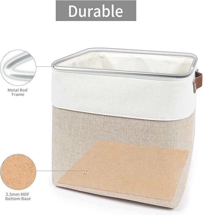 Collapsible Fabric Storage Cubes 11x11 Cube Storage Bins, 4 Pack Closet Baskets Box with Handles for Organizing, Shelf, Toys, Clothes, Home, Office, Nursery (Beige&White) - Image 6
