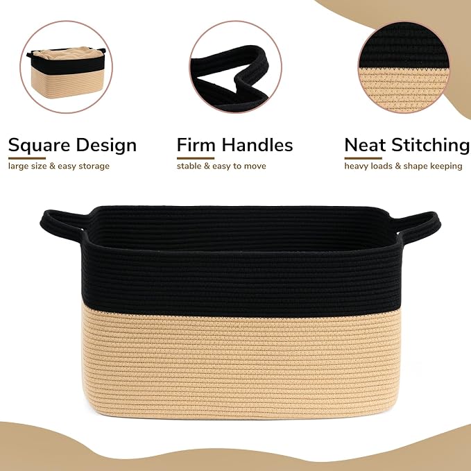 Goodpick Large Woven Blanket Basket, Rectangle, Black & Camel | 21.6'' x 14.9'' x 11.8'' Wicker Storage Basket for Toys & Blankets, Bedroom & Nursery Organization, Reinforced Handles - Image 6