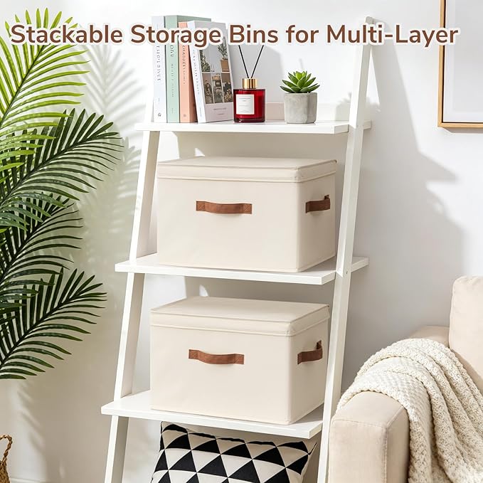 CHICVITA 4-Pack Medium Fabric Storage Baskets with Lids for Shelves,Ivory | 15" x 9.8" x 10.2" Closet Storage Bins with Durable Support Plate, Toy Storage with Handles for Playroom - Image 3