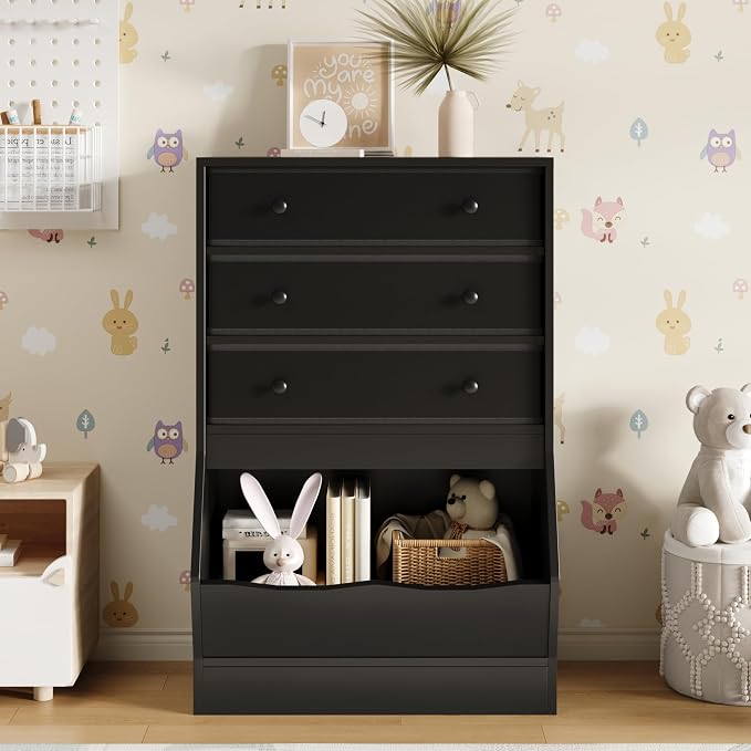MHOM Toy Storage Organizer with Open Cube, Kids Bookshelf and Toy Storage with PU & Non-Woven Fabric Drawers, Small Book Shelf for Kids Rooms, Playroom and Nursery, Black - Image 3