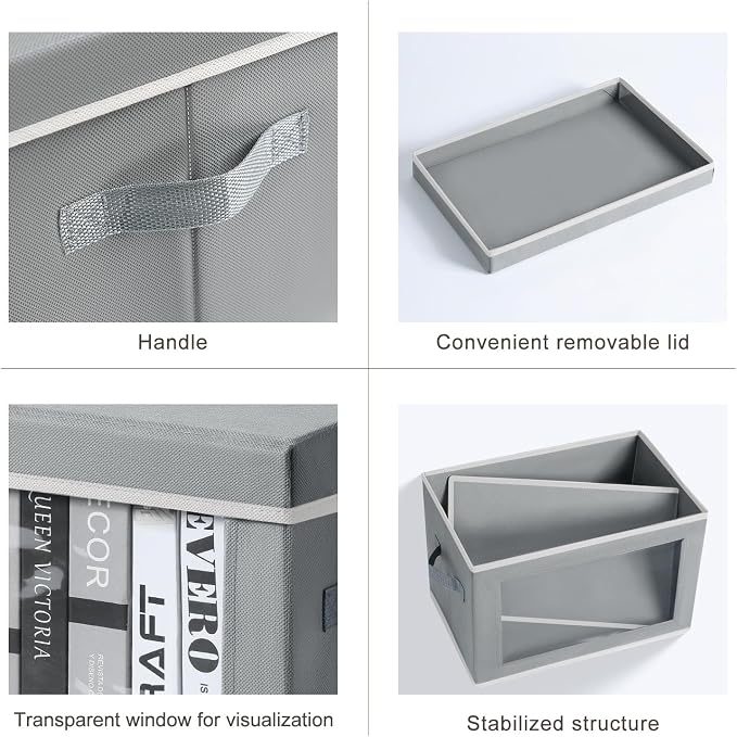 Storage Bins with Lids - Fabric Closet Storage Bins with Window, Collapsible Baskets for Shelves 4 Pack, Home Decorative Boxes for Clothes, Closet, Office, Grey - Image 7