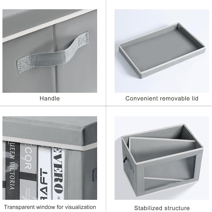 Large Storage Baskets with Lids - Stackable Cube Bins for Closet, 6 Pack Grey Windows Organizer Bins, Home Organizers and Storage for Clothes, CD, Towels - Image 7