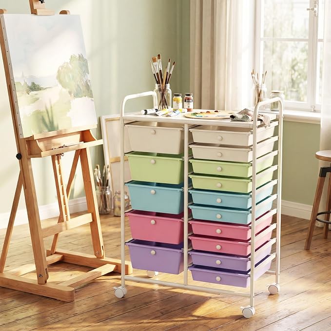15 Drawer Rolling Storage Cart, Rolling Cart with Drawers for Classroom, Art Supply Craft Organizer on Wheel with Metal Frame & Handles for Home Office School (Ice cream color, 15 Drawer) - Image 9