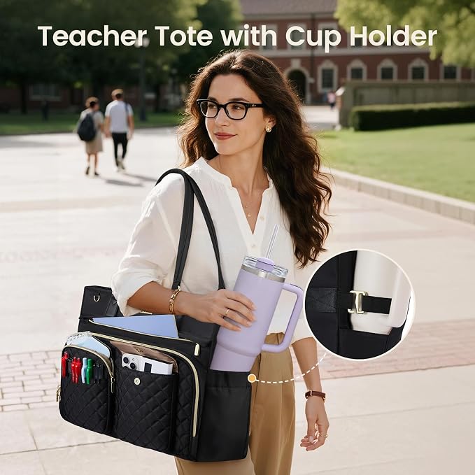 LOVEVOOK Tote Bag, Work Bags for Women with Large Cup Holder, Large Capacity Teacher Tote with Multi Pockets, Water Resistant Nurse Diaper Tote with Padded Laptop Compartment, 17.3 Inch Black - Image 4