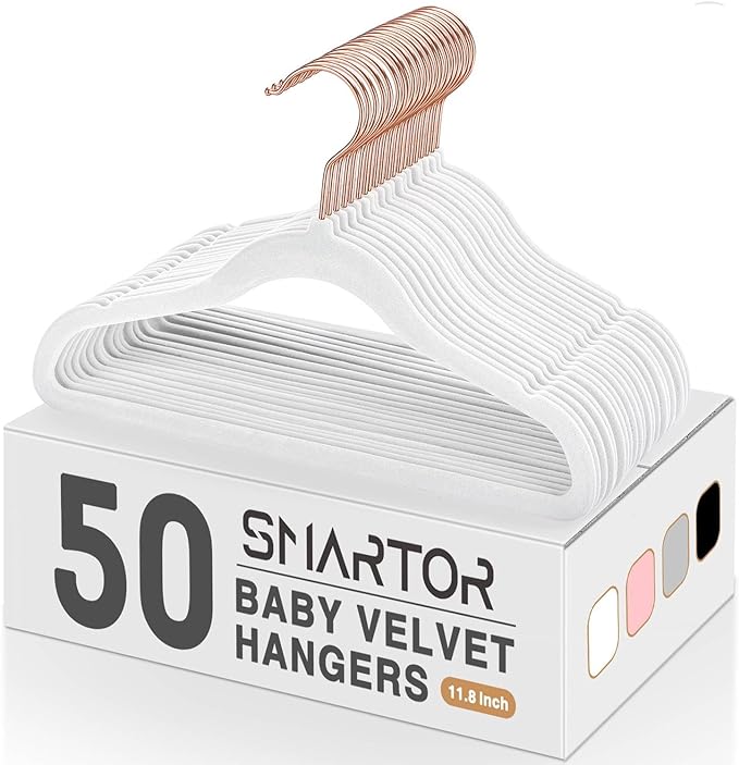11.8" Premium Baby Velvet Hangers for Closet, 50 Pack, White | Durable Kids Felt Hangers, Non Slip and Space Saving with 360° Rose Gold Hooks for Infant and Toddler Clothes; Holds 10 lb by Smartor