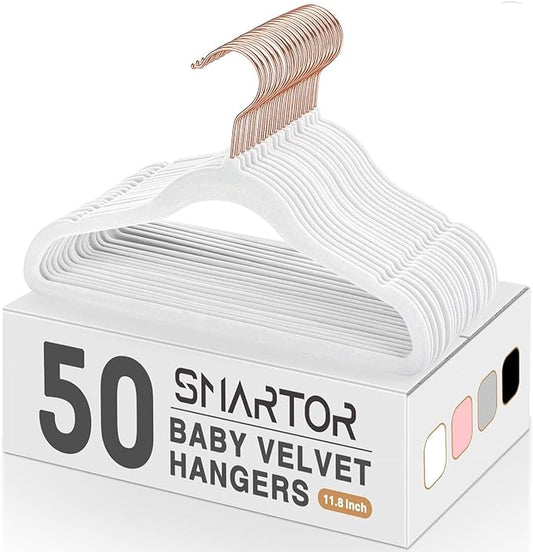 11.8" Premium Baby Velvet Hangers for Closet, 50 Pack, White | Durable Kids Felt Hangers, Non Slip and Space Saving with 360° Rose Gold Hooks for Infant and Toddler Clothes; Holds 10 lb by Smartor
