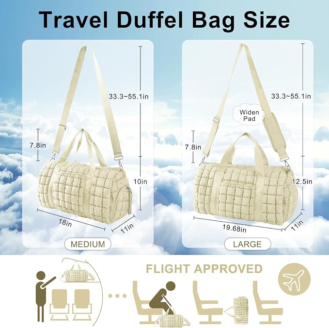 Quilted Travel Duffle Bag Gym Bag for Women,Large Puffer Duffle Weekender Bag with Compartment,Workout Overnight Carry on Organizer Bag Duffle Bag for Airplane Travel(L-Off-white) - Image 3