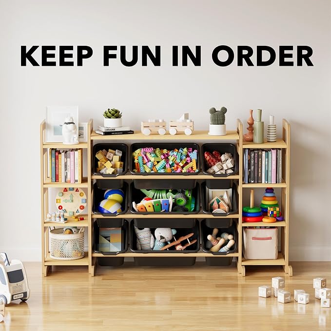 SpaceAid Large Toy Storage Organizer 9 Shelves 9 Bins, Toy Organizers Storage Bookshelf, Kids Bin Shelf Toys Box Bookcase for Bedroom Playroom Organization Room Decor, Neutral Gray - Image 6