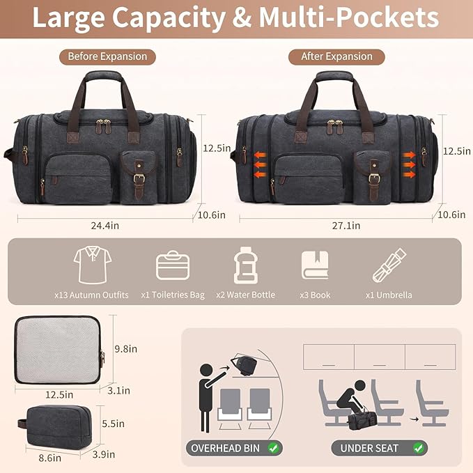 Mens Duffle Bag for Travel, 60L Canvas Expandable Overnight Weekender Bag | Shoe Compartment, Carry-On Size, Multiple Pockets, Detachable Strap, Toiletry Bag & Packing Cube Include, Dark Gray - Image 4