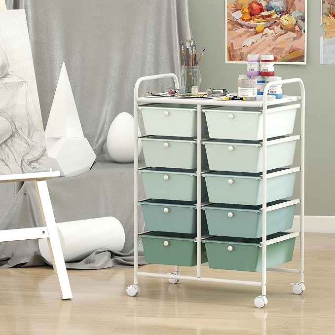 RELAX4LIFE Rolling Storage Cart with 10 Drawers - Craft Storage Cart w/Lockable Wheels, Utility Cart, Art Cart Organizer for School Studio Office Home, Utility Cart on Wheels (Gradient Green) - Image 8