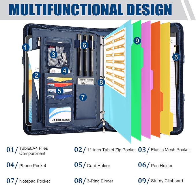 Padfolio Portfolio Binder with Handle, 3-Ring Folder Organizer, Vegan Leather Portfolio with Notepad Includes 5 Dividers with 10 Pockets for Documents Filesfor Documents Files and 1 Pen - Image 4