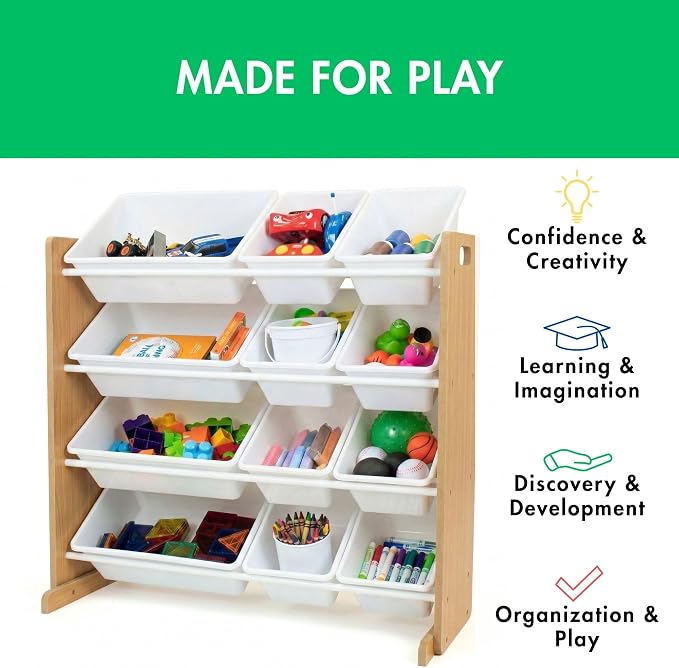 Humble Crew Kids Toy Organizer with 12 Bins, 4 Tier Storage for Playroom | Sturdy wood and steel toddler shelf, removable BPA-free containers, wall anchor anti-tip safety kit for bedroom or classroom - Image 4