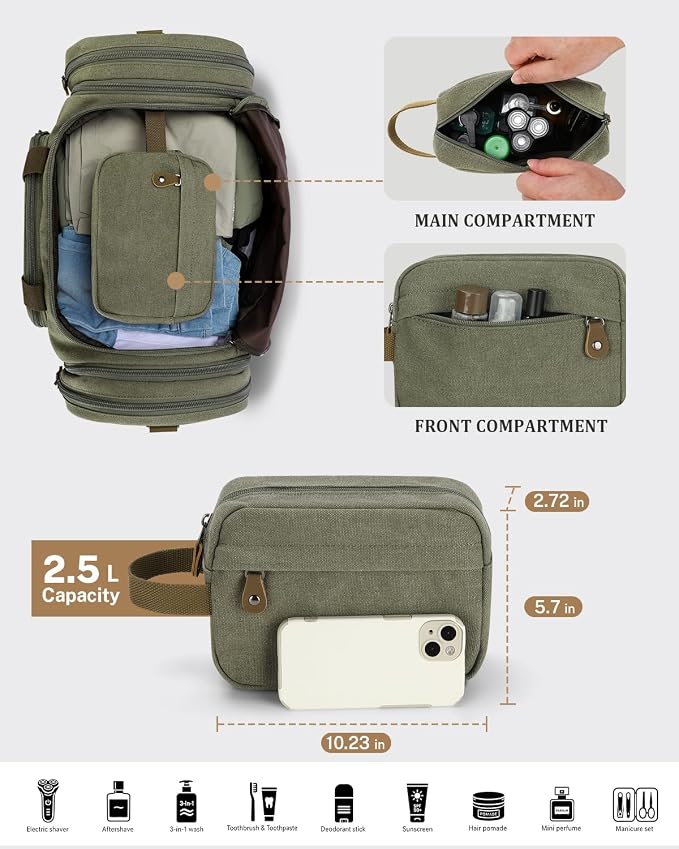 Gonex Canvas Duffle Bag, Expandable 60L Travel Overnight Weekender Bag | for Men, with Toiletry Bag, Multiple Pockets, Carry-On Size, Durable Zippers, Detachable Strap, Army Green - Image 4