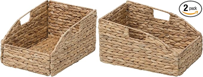 Trapezoid Woven Hyacinth Wicker Pantry Storage Baskets, Set of 2 | 13.25"x9"x7/3.5", Natural, Iron Wire Frame by eHemco