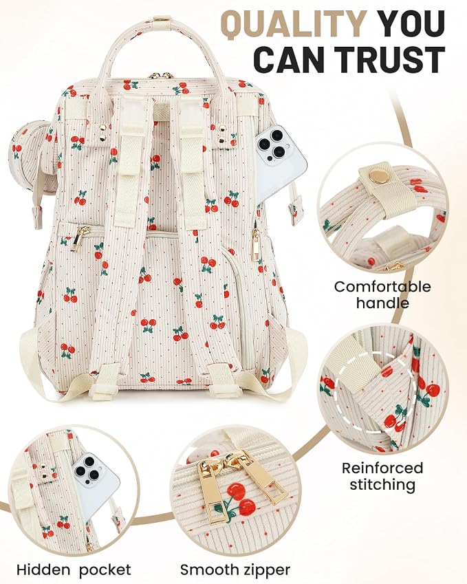 Corduroy Diaper Bag Backpack, Large Capacity Multifunction Baby Diaper Bags for Women, Insulated Bottle Pockets & Pacifier Case, Stylish Travel Nappy Changing Bags for Mom Dad (Cherry) - Image 6