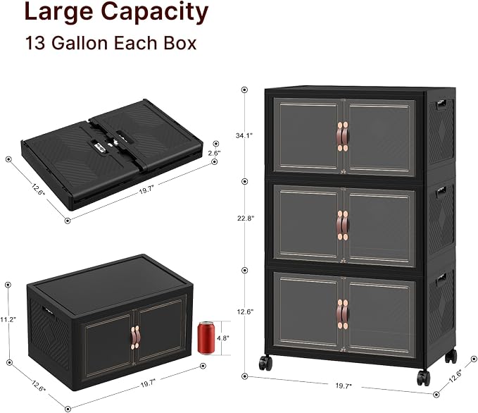 Stackable Storage Bins with Lids, 144QT Lockable Storage Cabinet | Folding Storage Box with Doors and Wheels, Collapsible Plastic Drawers for Home, Garage, Office - Image 3