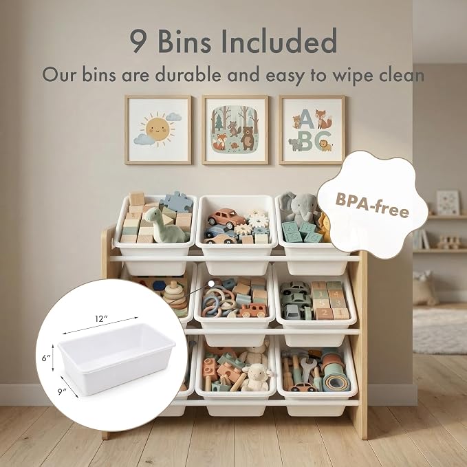 Humble Crew Kids Toy Organizer with 9 Bins, 3 Tier Storage for Playroom | Sturdy wood and steel toddler shelf, removable BPA-free containers, wall anchor anti-tip safety kit for bedroom or classroom - Image 4