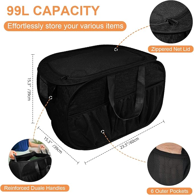 4 Pack Collapsible Laundry Baskets with Lid, Foldable Laundry Basket with 6 Pockets, Pop Up Laundry Hamper with Dual Handles, 99L Sturdy Clothes Hampers for Home, Dorm, Apartment, Travel, Black - Image 4