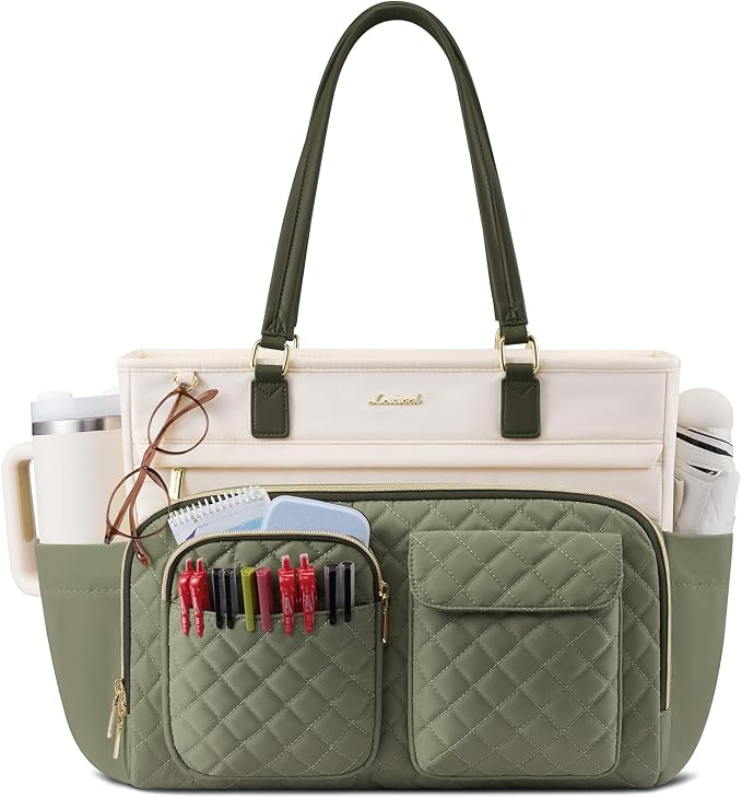 LOVEVOOK Tote Bag with Large Cup Holder, Work Tote Bags for Women, Large Capacity Teacher Tote with Multi Pockets, Nurse Diaper Bag with Padded Laptop Compartment, 17.3 Inch Light Green Beige by LOVEVOOK