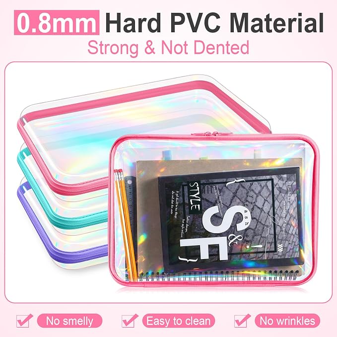Sanwuta 6 Clear Hard Zipper Case,Holographic,12.6 X 9 X 2 Inch | Pencil Case Pouches ,Makeup Bag,Plastic Toiletry Diaper Bag ,Travel Toy Storage,Waterproof Organizer Bins - Image 4