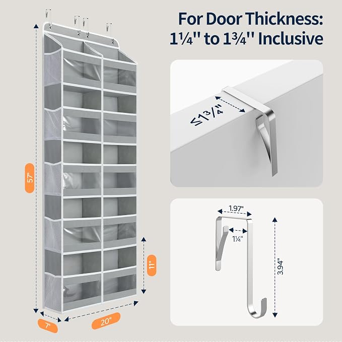 Yecaye 5-Tier Over The Door Organizer Dual-Column, 80lbs Load Over the Door Storage of 10 Compartments, Heavy Duty Door Organizer Hanging for Bedroom Closet Nursery Bathroom Pantry, Gray, 2 Pack - Image 9