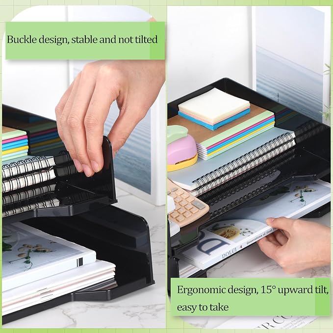 DoubleFill 2 Pcs Stackable Letter Tray Plastic Paper Tray, Black | 13 x 9.5 x 2.6 In, Rectangular, Paper Holder, File Tray for Desktop Office Desk Drawers - Image 6