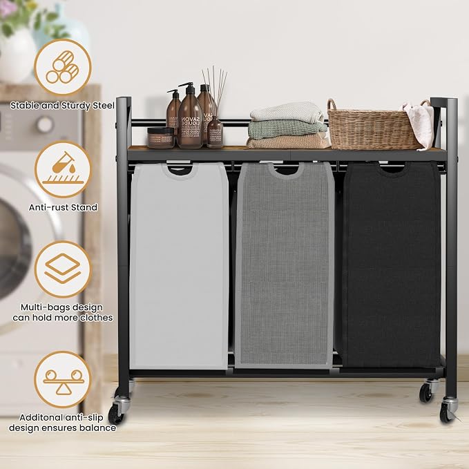 SwaaVee Laundry Sorter, Laundry Hamper 3 Section, 3×11.4Gal, Metal Frame Rolling Laundry Basket with Wooden Top Shelf, Pull out and Removable Laundry Bags, 3 Bags-Black Grey White - Image 6