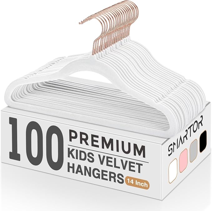 Kids Velvet Hangers 100 Pack, 14 Inch Non Slip Felt Hangers, White | Premium Kids Hangers for Closet Storage, Space Saving Toddler Clothes Hanger for Youth's Childrens' Clothes (Rose Gold Hook) by Smartor