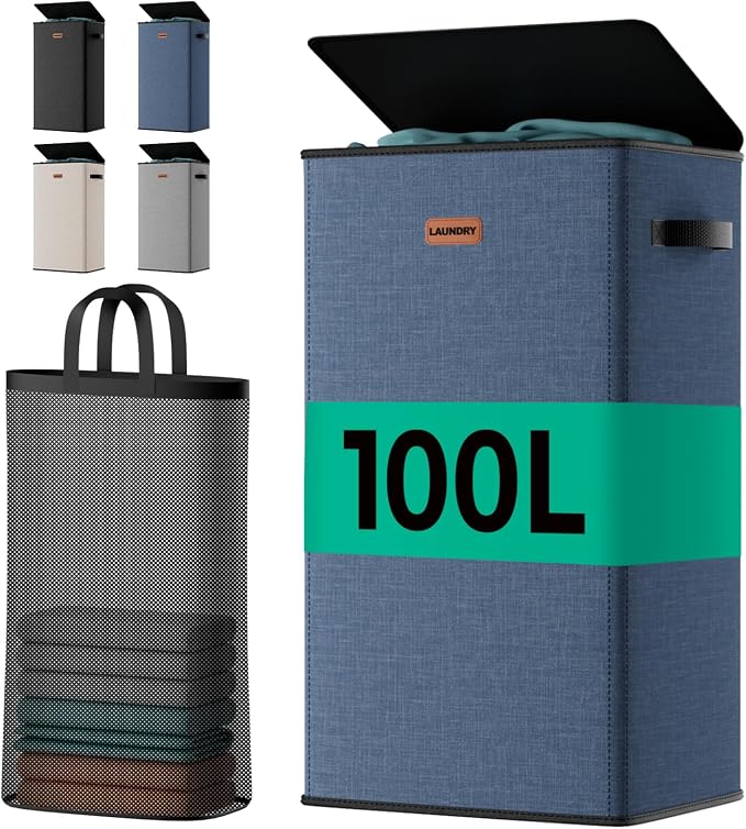 100L Laundry Hamper with Lid, Sturdy Clothes Hamper Heavy-Duty Laundry Basket Supports 30lb, Collapsible for Bathroom Bedroom Laundry Room Dorm by MECINFUL