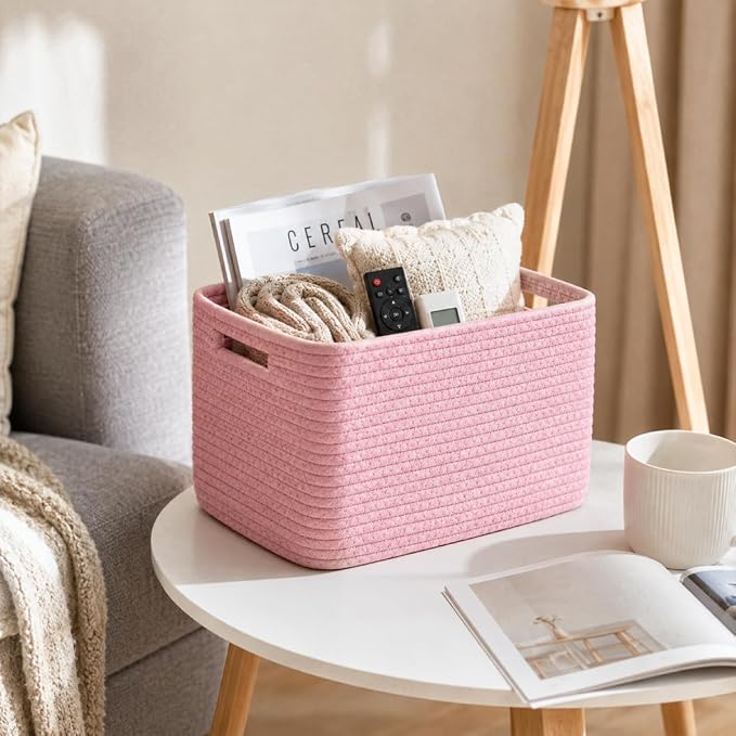5 Pack Woven Storage Baskets, Decorative Storage Bins for Organizing | 13.8'' × 9.8'' × 7.9'', Cute Cotton Rope Basket Organizer for Closet, Shelves, bathroom, Nursery, Toys, Books, Pantry, Pink - Image 7
