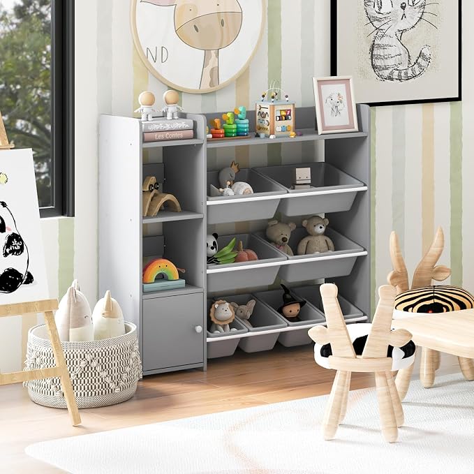 Costzon Kids Toy Storage Organizer, 4-Tier Kids Bookshelf Storage Cabinet w/8 Removable Bins, Preschool Children's Montessori Bookshelf w/Large Cabinet for Playroom, Daycare, Kids Room, Classroom - Image 2