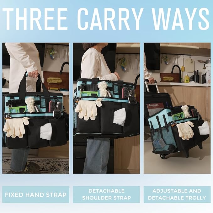SCAVATA Rolling Cleaning Caddy Bag with Detachable Trolley, Large Cleaning Supplies Organizer with Wheels, Multi Pocket Cleaning Cart with Adjustable Shoulder Strap for Housekeepers & Home, SkyBlue - Image 6