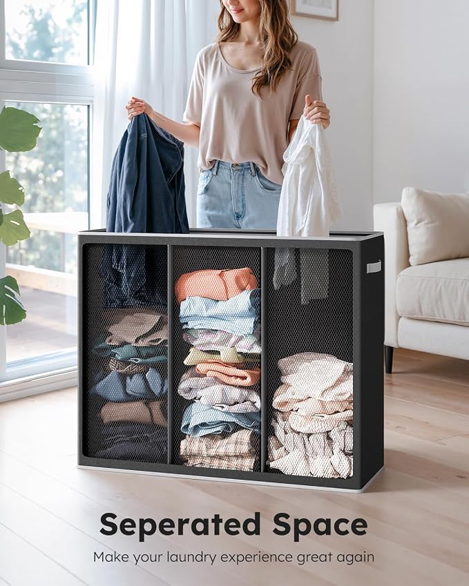SOLEDI Large Laundry hamper 3 Section with Laundry Bag, XL Clothes Basket | 3-Section Large capacity Laundry Sorter with Odor-Blocking Lid, Robust Iron Frame & Waterproof 600D Fabric, 3 Washable Bags - Image 4