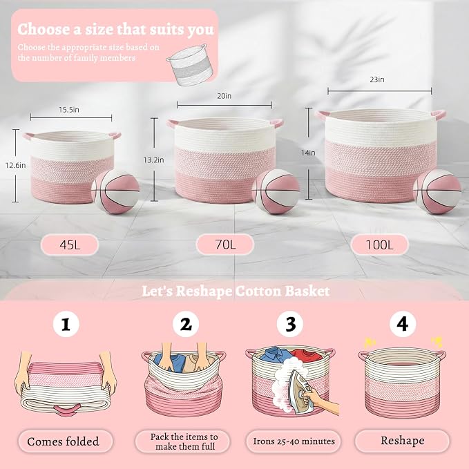 Artfeel 100L Large Cotton Rope Basket, Decorative Woven Blanket Storage for Living Room, Boho Toy Storage & Toy Box for Kids, Versatile Laundry Basket & Nursery Hamper for Blankets(Pink) - Image 6