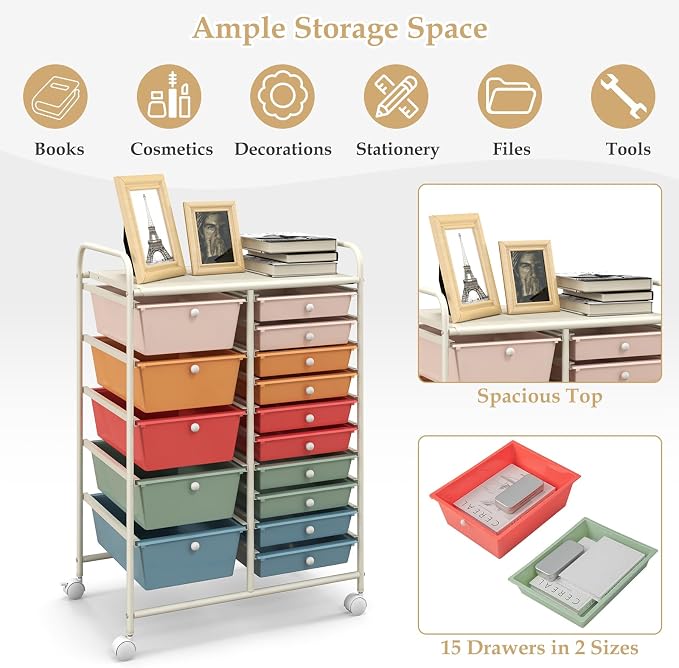 DREAMADE Rolling Cart with 15 Drawers, Rolling Drawer Organizer Cart w/Lockable Wheels, Removable & 2-Sized Storage Drawers, Art Cart for School Home Art Supplies Crafts File Scrapbook - Image 6